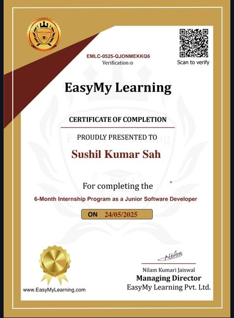 Easy My Learning internship completion certificate