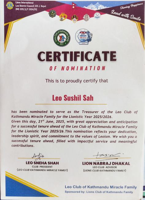 Nomination certificate for Leo Club Treasurer