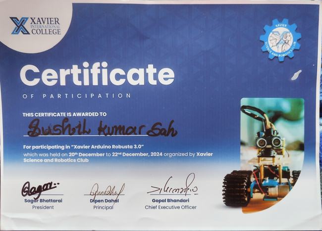 Arduino Robusta 3.0 participation certificate